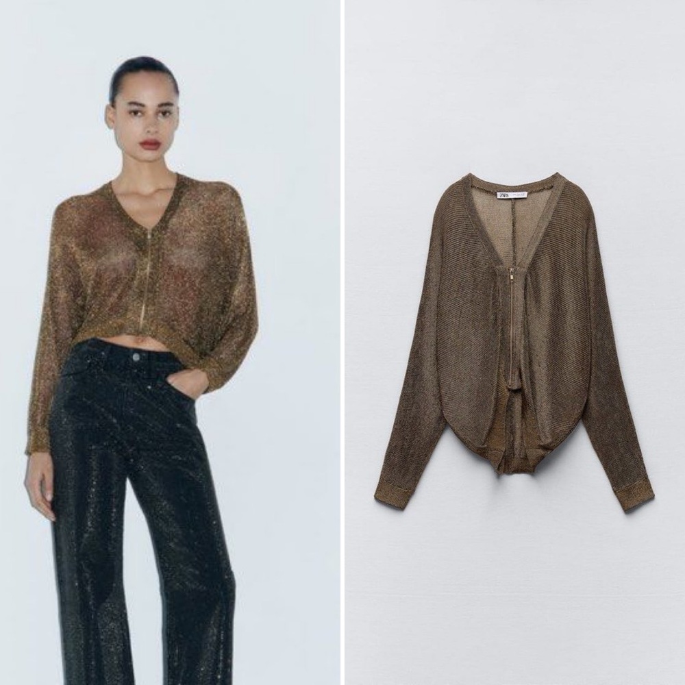 Price Firm - ZARA Mesh Knit Bomber Cardigan With Metallic Thread